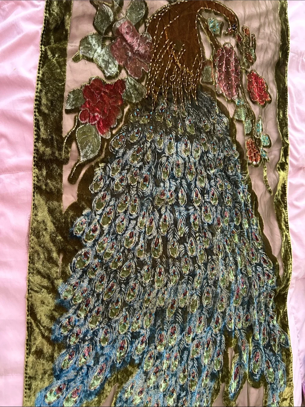 Olive Green Velvet Floral Throw Scarf